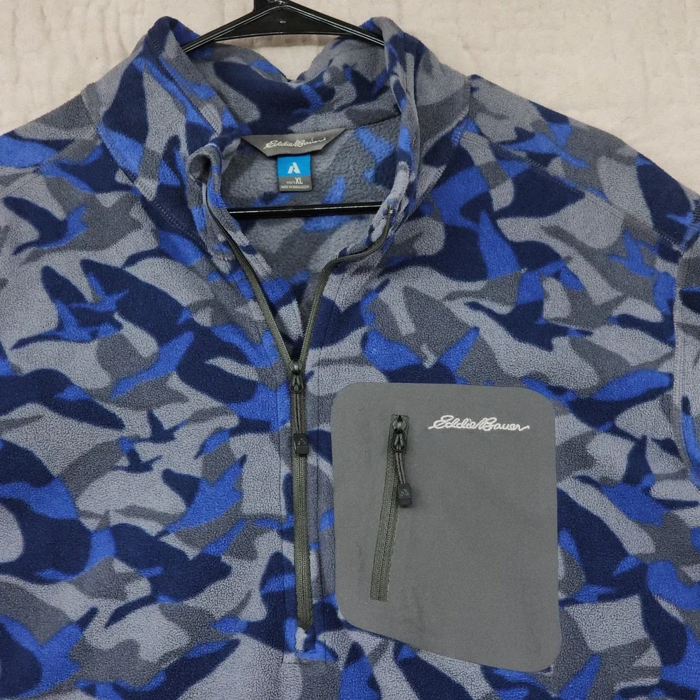 Eddie Bauer First Ascent 1/4 Zip Fleece XL Mens Blue Goose Bird Camo Pullover